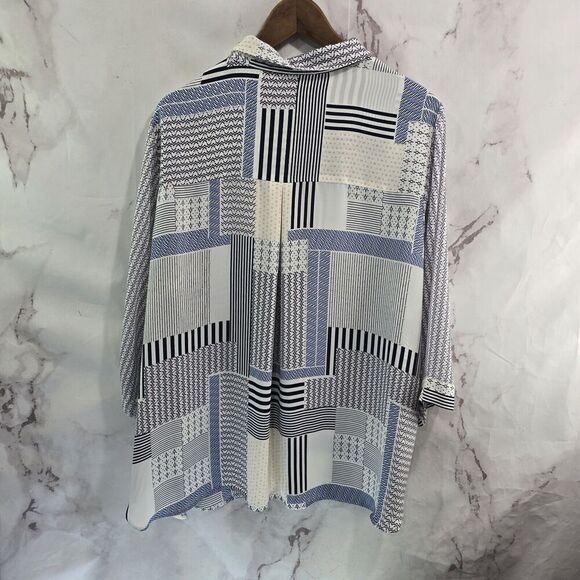 Rose And Olive Top Womens 2X Blue White Blouse Button Up Striped Patchwork - Picture 5 of 12